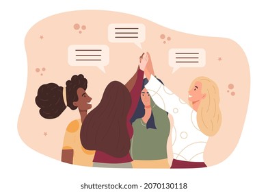 Womens friendship concept. Girls give each other fives. Team gestures, good attitude. Unity, equal, feminism. Strong characters, sisterhood, dialogue communication. Flat cartoon vector illustration