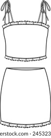 Women's Frill Hem Top and Skirt Set. Technical fashion illustration. Front, white colour. Women's CAD mock-up.