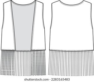 Women's Fringe Detail Sleeveless Waistcoat. Technical fashion top illustration. Flat apparel top template front and back, white color. Women's CAD mock-up.