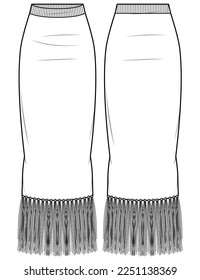 Women's fringe hem Column Skirt flat sketch vector illustration front and back view, long Full length skirt technical cad drawing vector template mock up