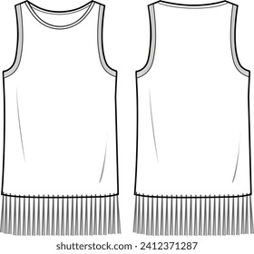 Women's Fringe Hem Sleeveless Top. Technical fashion top illustration. Front and back, white color. Women's CAD mock-up.