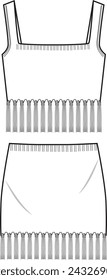 Women's Fringe Hem Top and Skirt Co-ord. Technical fashion illustration. Front, white colour. Women's CAD mock-up.