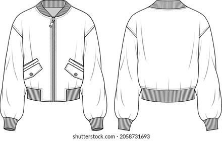 Women's Front Flap Pockets Detail Bomber Jacket. Jacket technical fashion illustration. Flat apparel jacket template front and back, white color. Women's CAD mock-up.