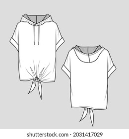 Womens front knotted  sweatshirt roll up sleeve hoodie  fashion flat sketch technical drawing template design vector