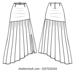 Women's front slit asymmetric Pleated Skirt design flat sketch fashion illustration with front and back view, Denim full skirt with pleats cad drawing vector template 