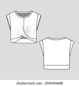 Womens front twist crop top t-shirt round neck Cap sleeve  fashion knot blouse flat sketch technical drawing template cad mock up deign vector