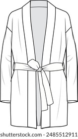 Cierre de abrigo delantero para mujer, cárdigan con corbata propia. Ilustración técnica de la moda. Delante y detrás, color blanco. Modelo CAD para mujer.