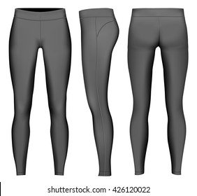 Women's full length compression tights. Black variant. Fully editable handmade mesh. Vector illustration.