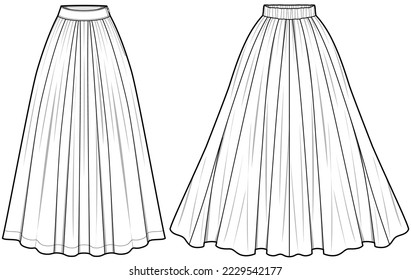 womens full skirt flat technical cad drawing vector template