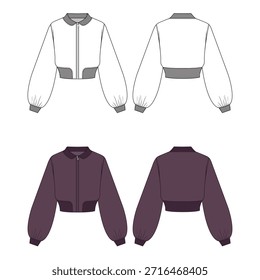 Women's full Zip Bomber Jacket Technical Flat Sketch and Front and Back CAD Template ,mockup