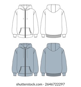 Mulheres Full zip Hoodie Técnico CAD Flat Sketch com bolsos canguru, algemas com nervuras e hem, frente completa e vistas para trás