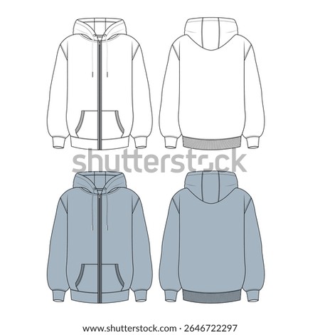 Women's Full zip Hoodie Technical CAD Flat Sketch with Kangaroo Pockets, Ribbed Cuffs and Hem, Full Front and Back Views