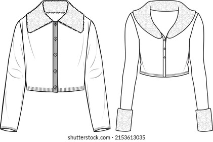 Women's Fur Collar Detail Button-up Cardigan. Cardigan technical fashion illustration. Flat apparel jacket template front, white colour. Women's CAD mock-up.