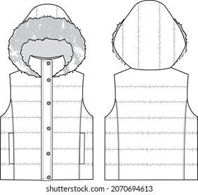 Women's Fur Hooded Puffer Gilet. Vest technical fashion illustration. Flat apparel vest template front and back, white color. Unisex CAD mock-up.