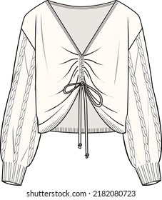 Women's Gathering Front Detail Jumper- Jumper technical fashion illustration. Flat apparel jumper template front, ecru color. Women's CAD mock-up.