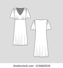Womens gathering sleeve Dress v neck shoulder gathering detail peplum fashion  flounce flare hem flounce sleeve flat sketch technical drawing template design vector