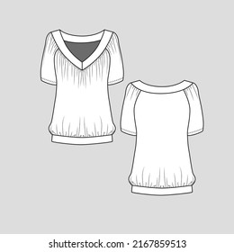 Womens  Gathering Top Wide V Neck Gathering detail short sleeve Fashion t shirt top blouse Tee Flat Sketch Technical Drawing Template Vector Design