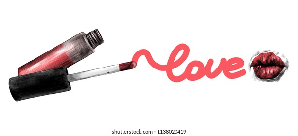 women's gel lip gloss open bottle and brush separately brushed lipstick written word love and at the end of women's lips in the shape of a kiss, sketch vector graphics color illustration