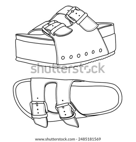 Women's Genuine Leather footbed platform sandal Line art, Technical sketch drawing outline vector doodle illustration side and top view, isolated on white background