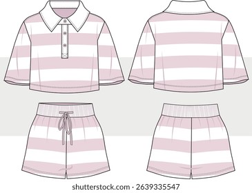 Women's and girl polo neck striped crop top t shirt and short set vector, home wear, pajama, sport wear illustration fashion design. Lounge Wear Set Fashion Flat Templates, cad, mockup.