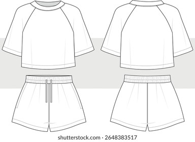 Women's and girl raglan sleeve crop top t shirt and short set fashion technical drawing, illustration. Home wear, pajama, sport wear fashion design. Cad, Mockup.