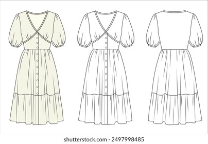 womens girls balloon arms dress sketch, ladies flared skirt summer  dress mock up, womens dress vector front and back editable technical drawings