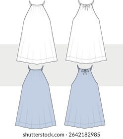 Women's girls basic high neckline halter cute summer dress with back bow detail   fashion technical drawing, illustration. CAD, Mockup Set.