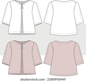 Women's and girls bow blouse, tee shirt technical fashion illustration. Front and back view, vector, CAD, mockup.