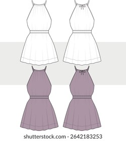 Women's girls cute summer halter dress with back bow detail   fashion technical drawing, illustration. CAD, Mockup Set.
