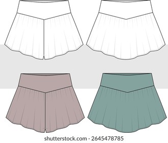 Women's and girls frill skirt shorts set fashion technical drawing, illustration. Cad, Mockup set, Vector.