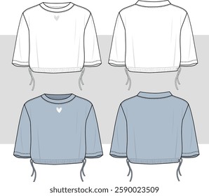 Women's and girl's oversize tee shirt  flat sketch fashion illustration, Short sleeve with drawstring adjustable hem, front and back view. cad, mockup.