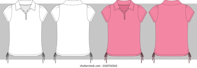 Women's and  girl's polo t shirt side tie flat sketch