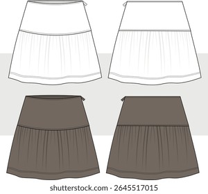 Women's and Girls Tiered Mini Skirt fashion technical drawing, illustration. Boho style mini skirt vector. Front and Back view. Cad, Mockup.