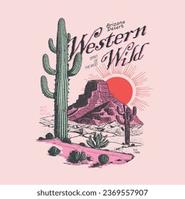 camiseta para mujeres, niñas, camiseta para sudaderas vintage para mujeres vectorial Imprimir, desierto de Arizona salvaje occidental, Sunrise the Desert Vibes en Arizona, Desert vibes diseño gráfico vectorial para prendas de vestir, pegatinas