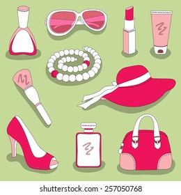 women's and girls's glamour red-pink stuff set on green background