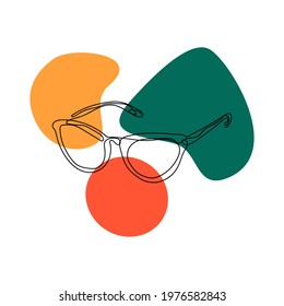 Women's glasses drawn with a continuous single line. Abstract fashion illustration of sunglasses. Line, black outline, doodle, geometric shapes. Design, icon, logo, background. Vector illustration.