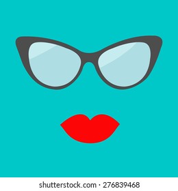 Women's glasses and red lips set. Fashion background Flat design. Vector illustration