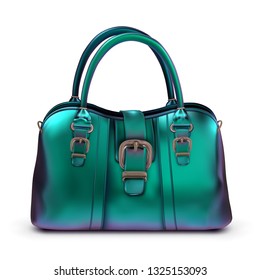 Women's glossy lacquered bag turquoise iridescent color with buckles and short handles. Vector illustration on a white background.