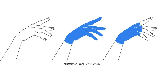 Women's gloves on the hand. Ladies gloves icons. Types of gloves. Vector illustration