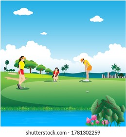 Women's golf competition on green grass. Illustration of a golf course as a background.
