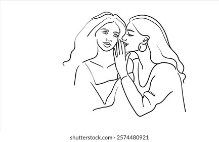 Women's gossip line art, two girls chatting continuous line art drawing isolated on white background. News, conversations.  Vector illustration	