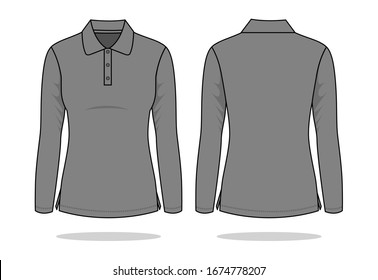 Women's Gray Long Sleeve Polo Shirt Vector For Template.Front And Back View.