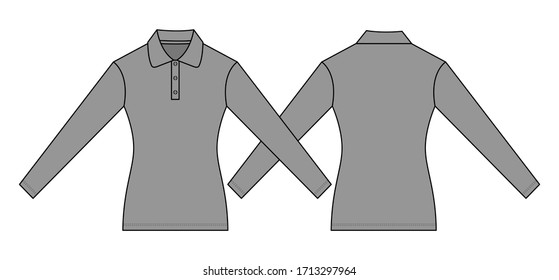 Women's Gray Long Sleeve Polo Shirt Vector For Template.Front And Back Views.