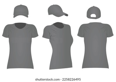 Women's grey t shirt and baseball cap. vector illustration
