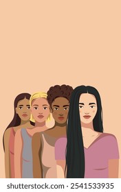 Women's group, girls of different cultures and skin colors. International Women's Day. Pastel colors. Movements for gender equality and women's empowerment. Vector banner.