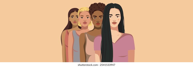 Women's group, girls of different cultures and skin colors. International Women's Day. Space for text. Movements for gender equality and women's empowerment. Vector banner