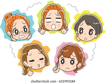 The women's group has an uneasy expression. Set of face icons