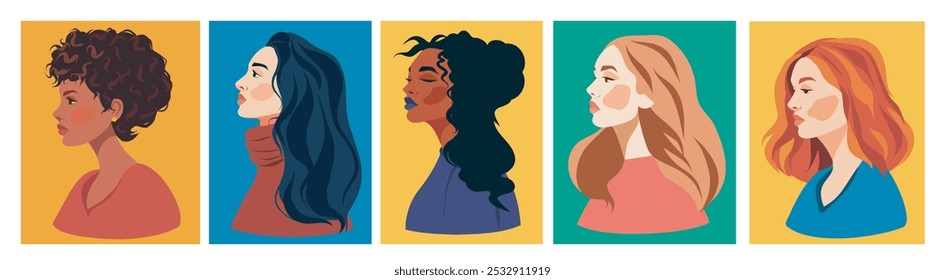 Women's group, set of avatars for social networks girls women of different nationalities and skin colors and hairstyles. Flat vector illustration for icons, avatars, badges.