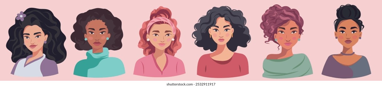Women's group, set of icons avatars for social networks girls women of different nationalities and skin colors and hairstyles. Flat vector cartoon illustration