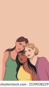 Women's group women girls of different nationalities and skin colors. Women's day. Kind smiles pleasant emotions. Feminism. Movements for gender equality and women's empowerment. Vector banner